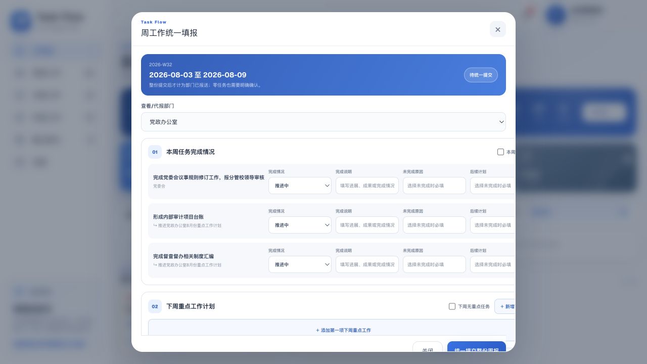 Task Flow 周报统一填报页面截图